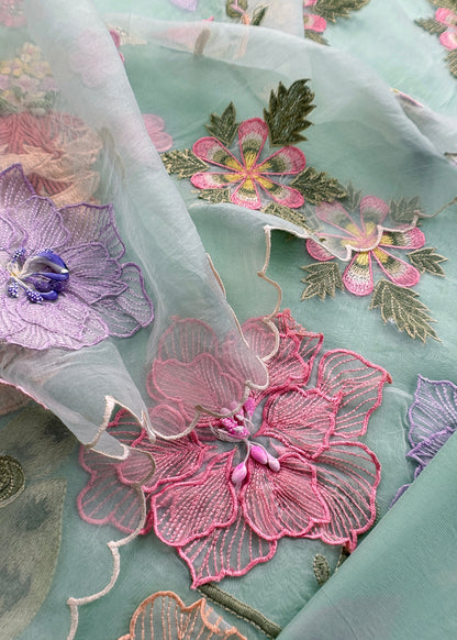Light Blue Pastel Gardens Handloom Organza Embroidered Suit Set with 3d Applique Work