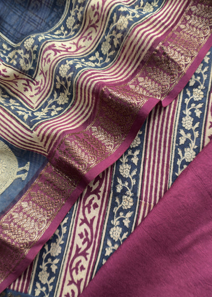 Beige With Blue And Pink Maheshwari Silk Suit With Zari Weaving