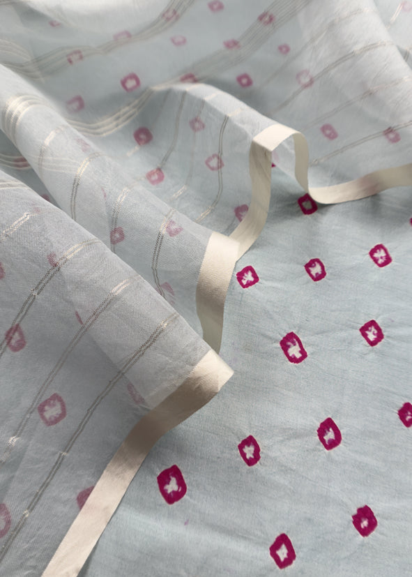 Blue Pure Silk Bandhani Kurta and Kora Silk Dupatta