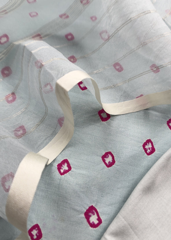 Blue Pure Silk Bandhani Kurta and Kora Silk Dupatta