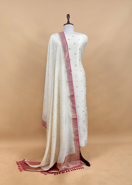 Ivory And Pink Summers Handloom Banarasi Unstitched Suit Fabric