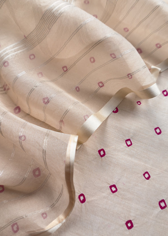 Beige Pure Silk Bandhani Kurta and Kora Silk Dupatta
