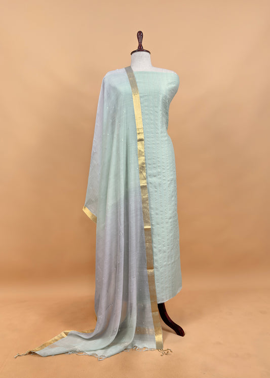 Pastel Green Handloom Silk Suit With Double Shade Dupatta