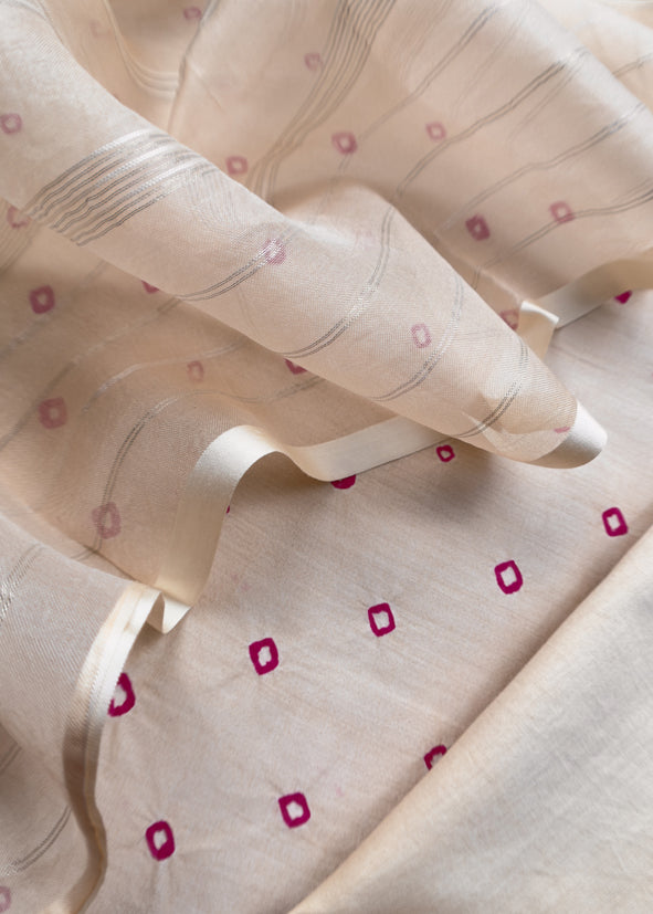 Beige Pure Silk Bandhani Kurta and Kora Silk Dupatta