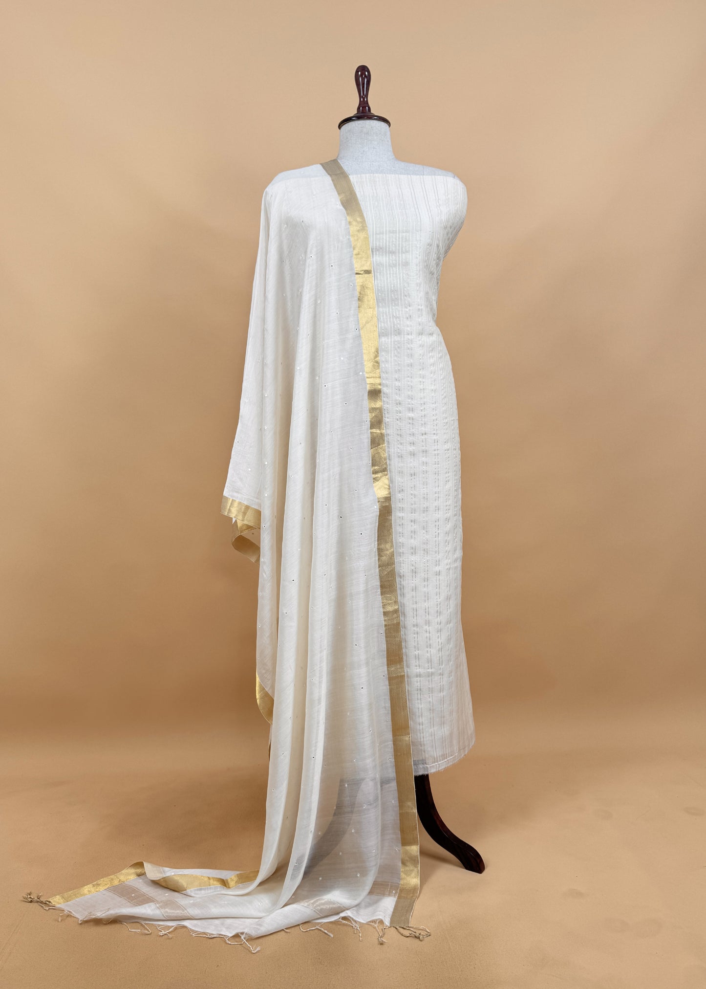 White Handloom Silk Suit With Resham Embroidery