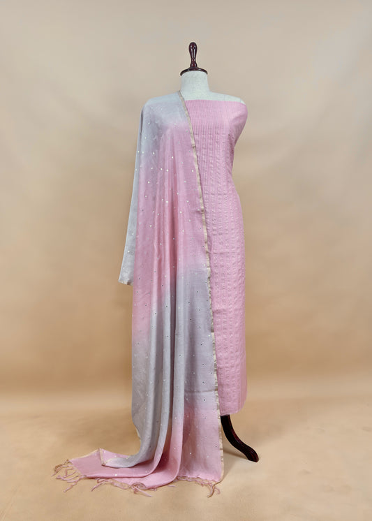 Baby Peach Handloom Silk Suit With Double Shade Dupatta