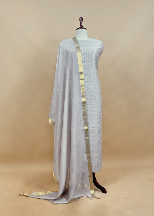 Off White Handloom Silk Suit With Resham Embroidery