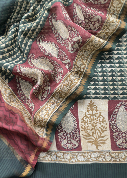 Green Handloom Maheshwari Silk Suit With Hand Block Print