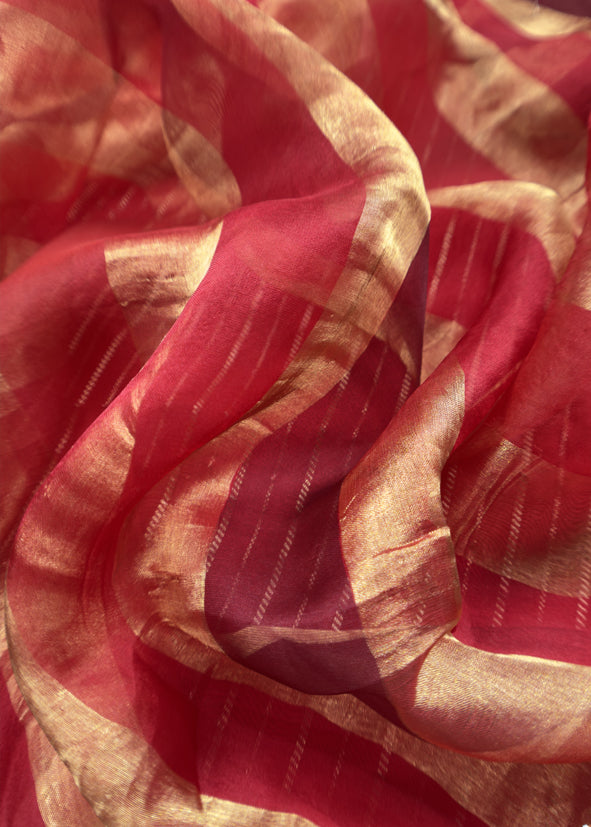Gold And Red Pure Tissue Silk Woven Suit Fabric With Cutdana Handwork
