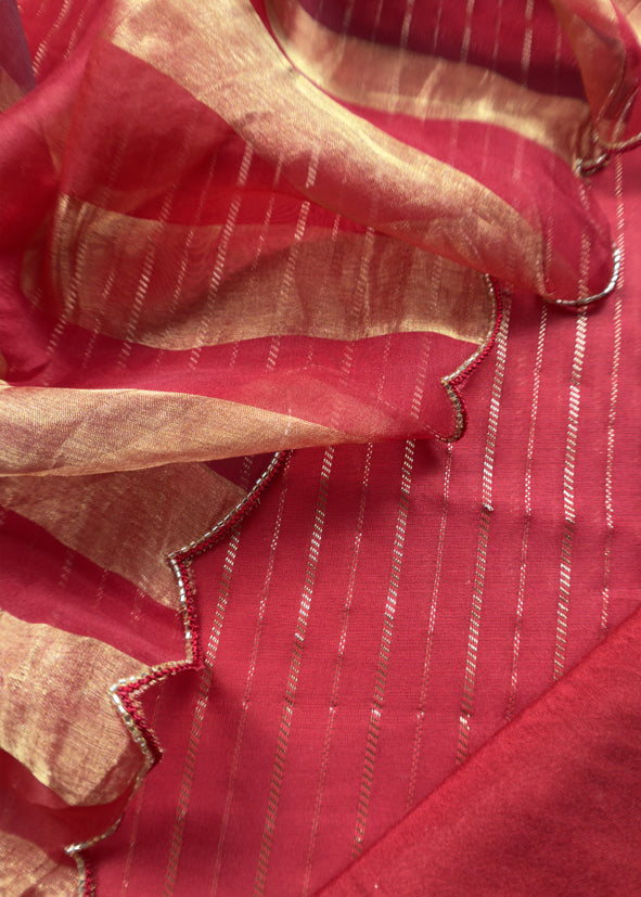 Gold And Red Pure Tissue Silk Woven Suit Fabric With Cutdana Handwork