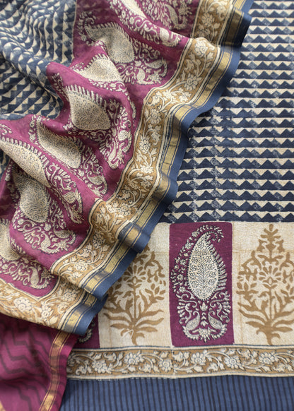 Blue Handloom Maheshwari Silk Suit With Hand Block Print