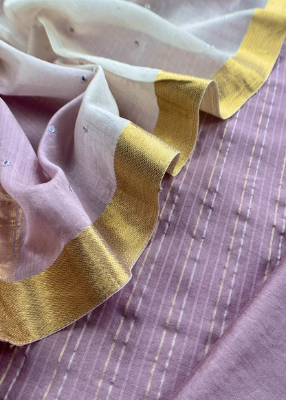 Lavender Handloom Silk Suit With Double Shade Dupatta