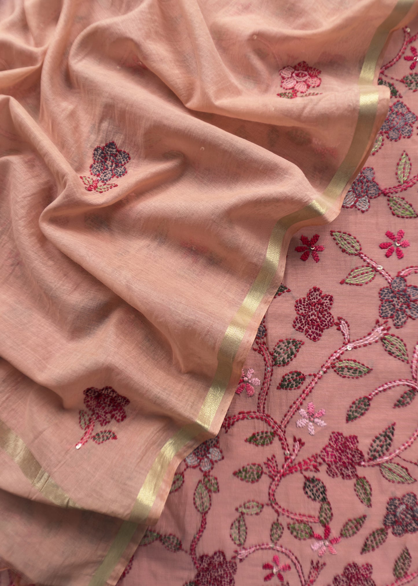 Pink Kantha Embroidered Suit In Pure Mul Chanderi