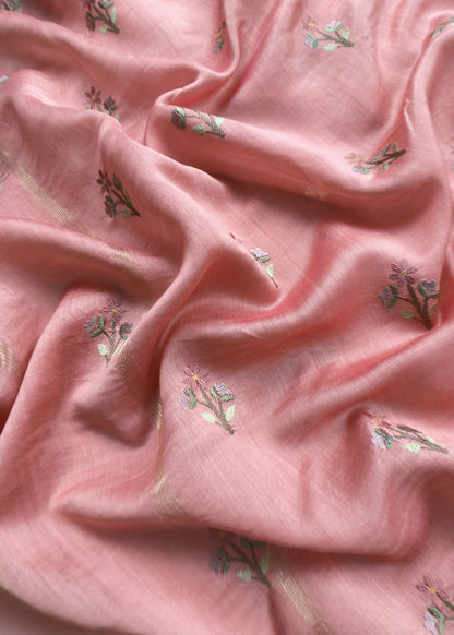 Summers Light Pink Mul Chanderi Banarasi Suit With Resham Embroidery
