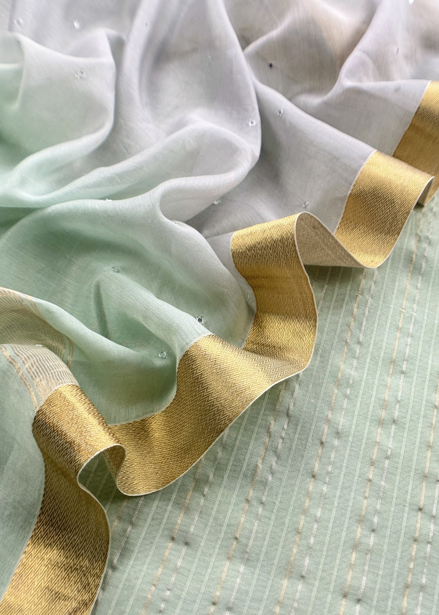 Pastel Green Handloom Silk Suit With Double Shade Dupatta