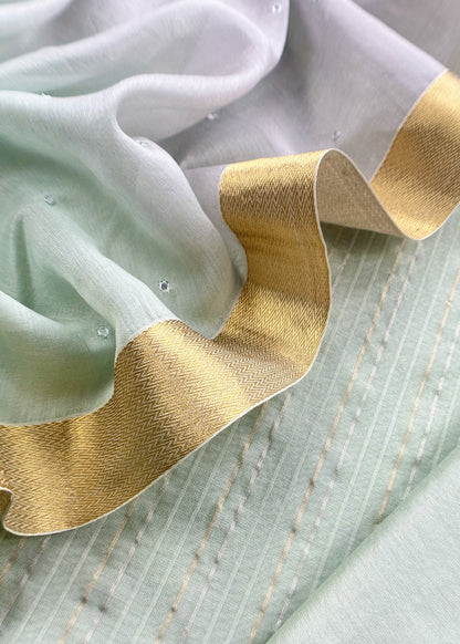 Pastel Green Handloom Silk Suit With Double Shade Dupatta