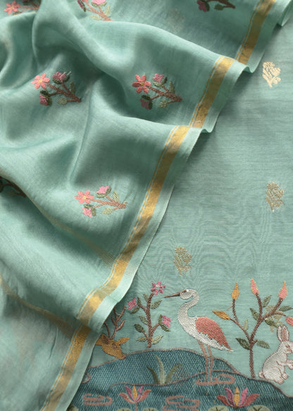 Summers Aqua Green Mul Chanderi Banarasi Suit With Resham Embroidery
