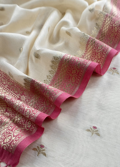 Ivory And Pink Summers Handloom Banarasi Unstitched Suit Fabric