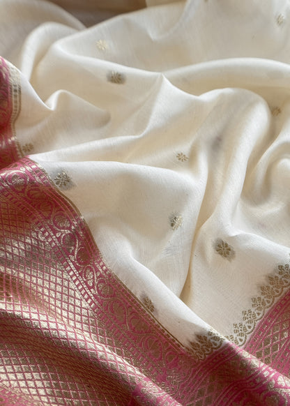 Ivory And Pink Summers Handloom Banarasi Unstitched Suit Fabric