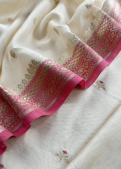 Ivory And Pink Summers Handloom Banarasi Unstitched Suit Fabric