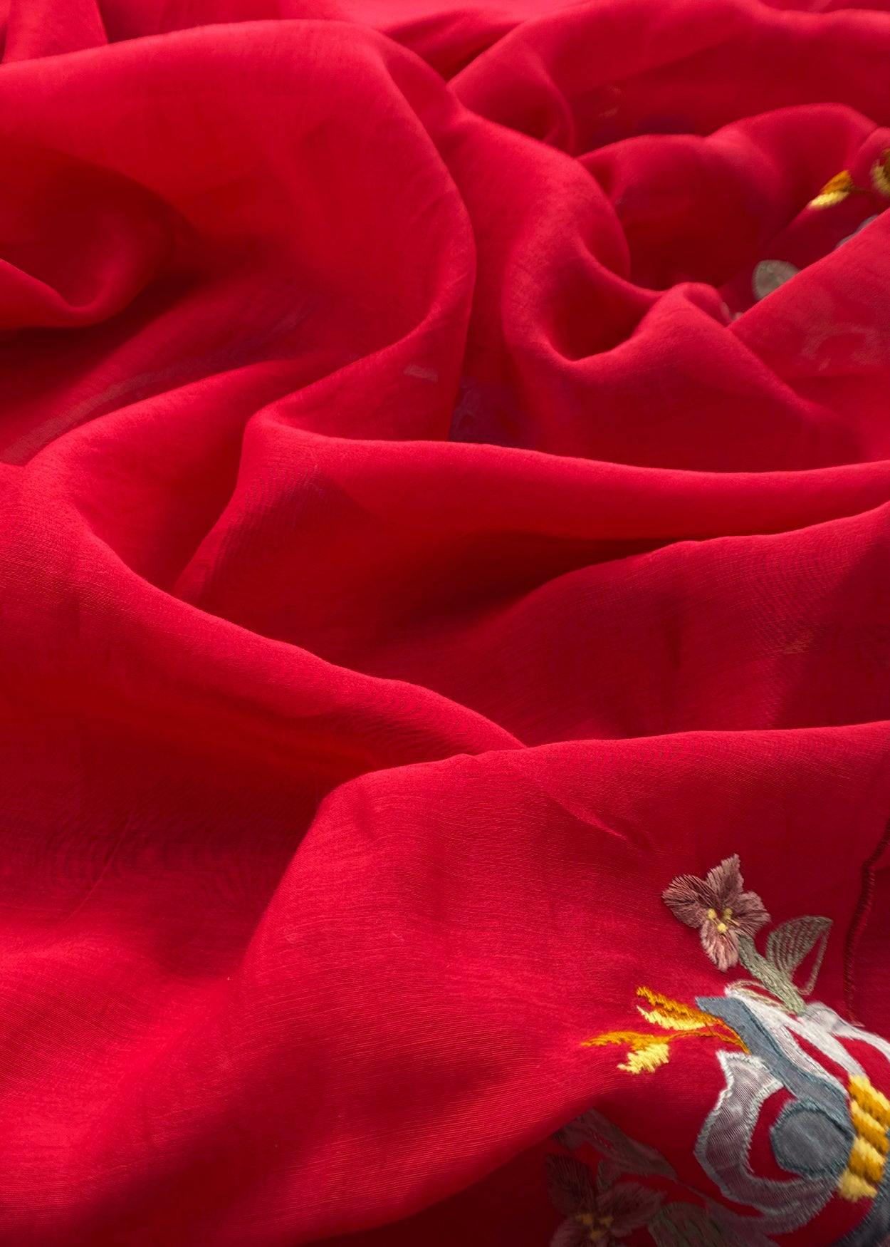 Tomato Red Pure Mulmul Suit Fabric With Applique Work