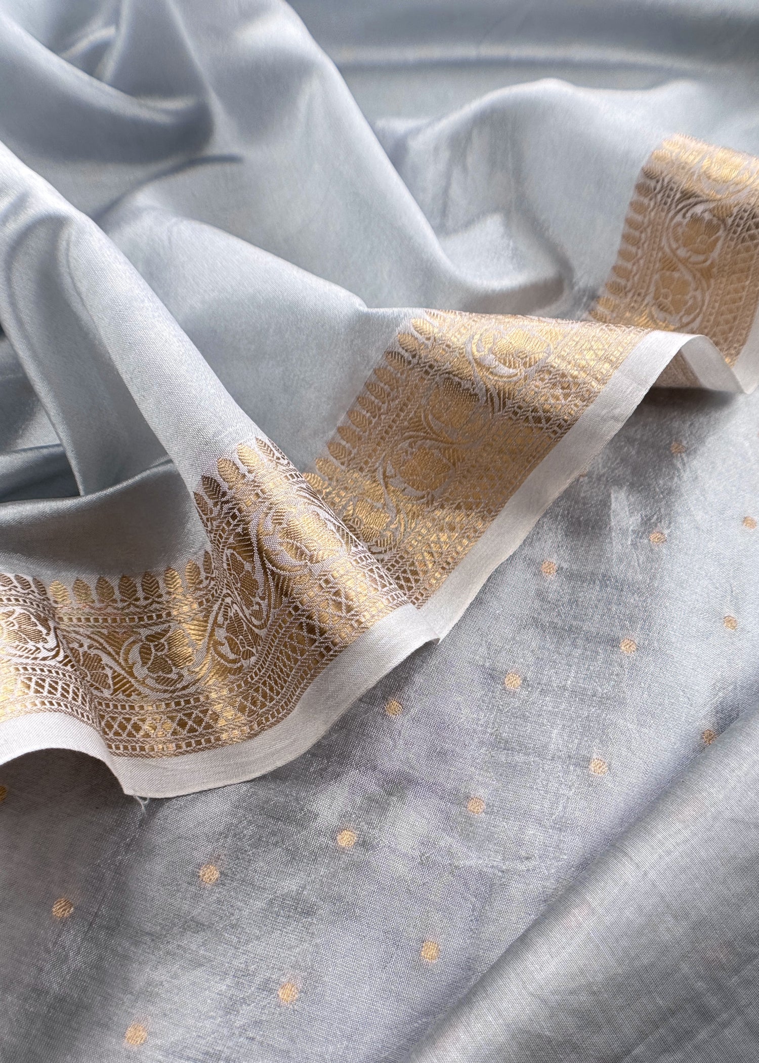 Luxury chiniya silk suit with silver zari weaving

