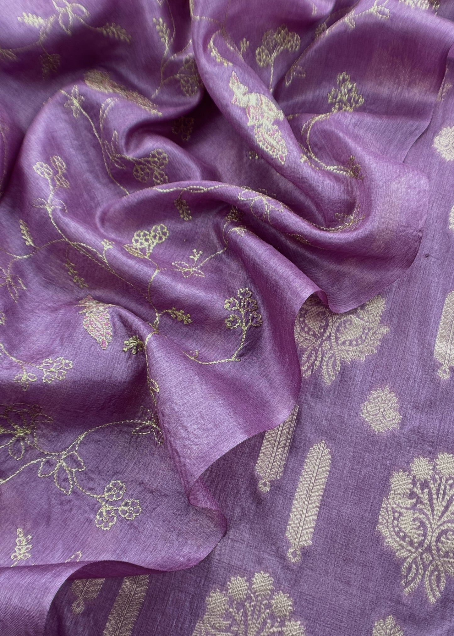 Levender Munga Tussar Suit With Zanarasi Zari Weaving And Pitta Work