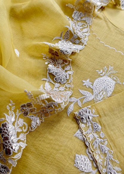 Yellow Handloom Mulmul Suit With Hand Gota Applique Work