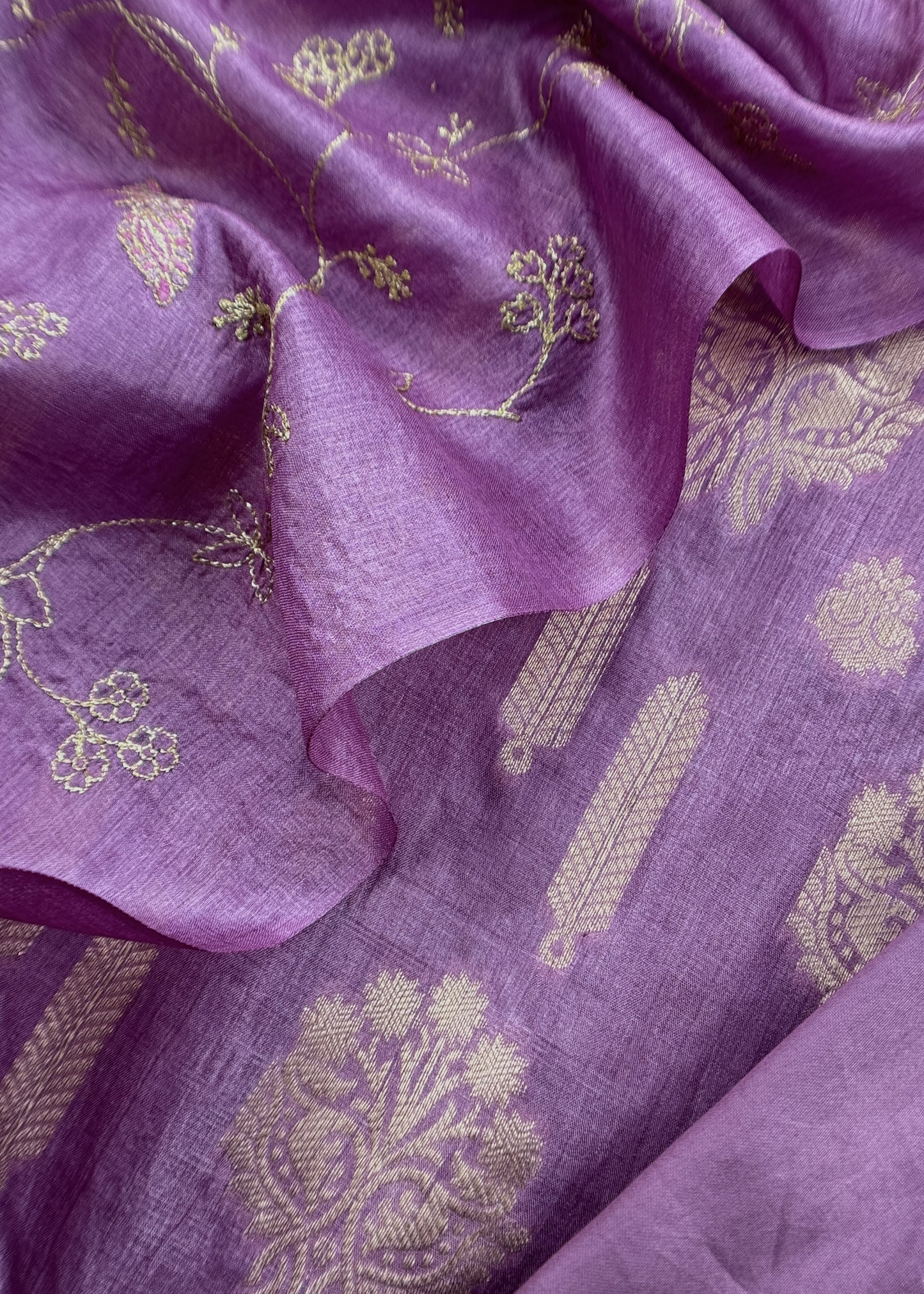 Levender Munga Tussar Suit With Zanarasi Zari Weaving And Pitta Work