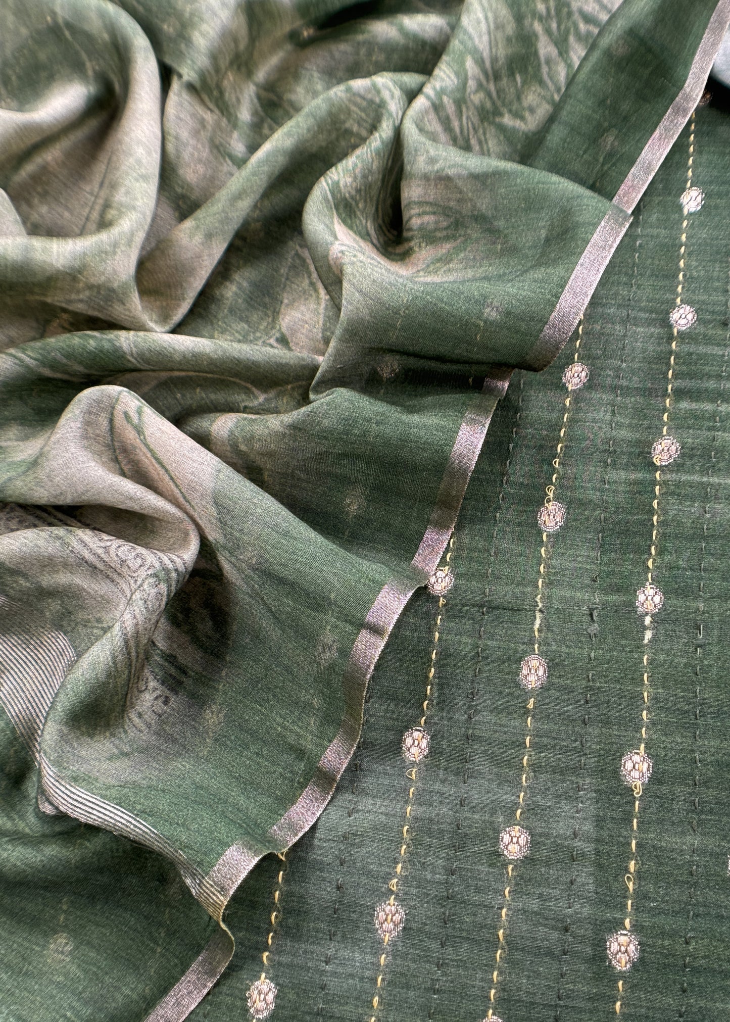 Forest Green Pure Chanderi Unstitched Suit With Banarasi Weaving And Digital Print