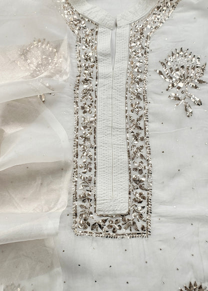White Mukaish Handwork Pure Kora Silk Suit With Tissue Zari Panel Dupatta