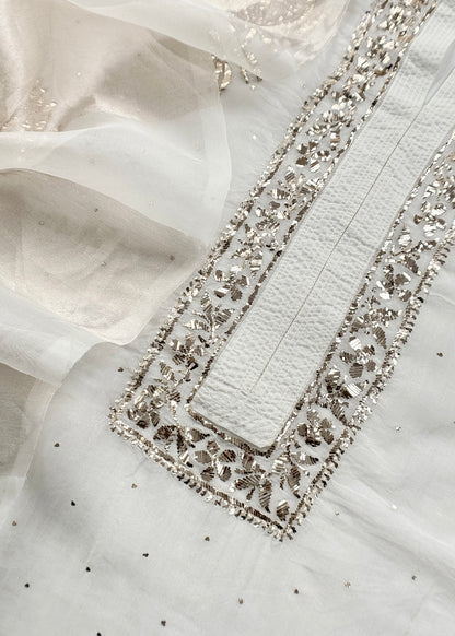 White Mukaish Handwork Pure Kora Silk Suit With Tissue Zari Panel Dupatta