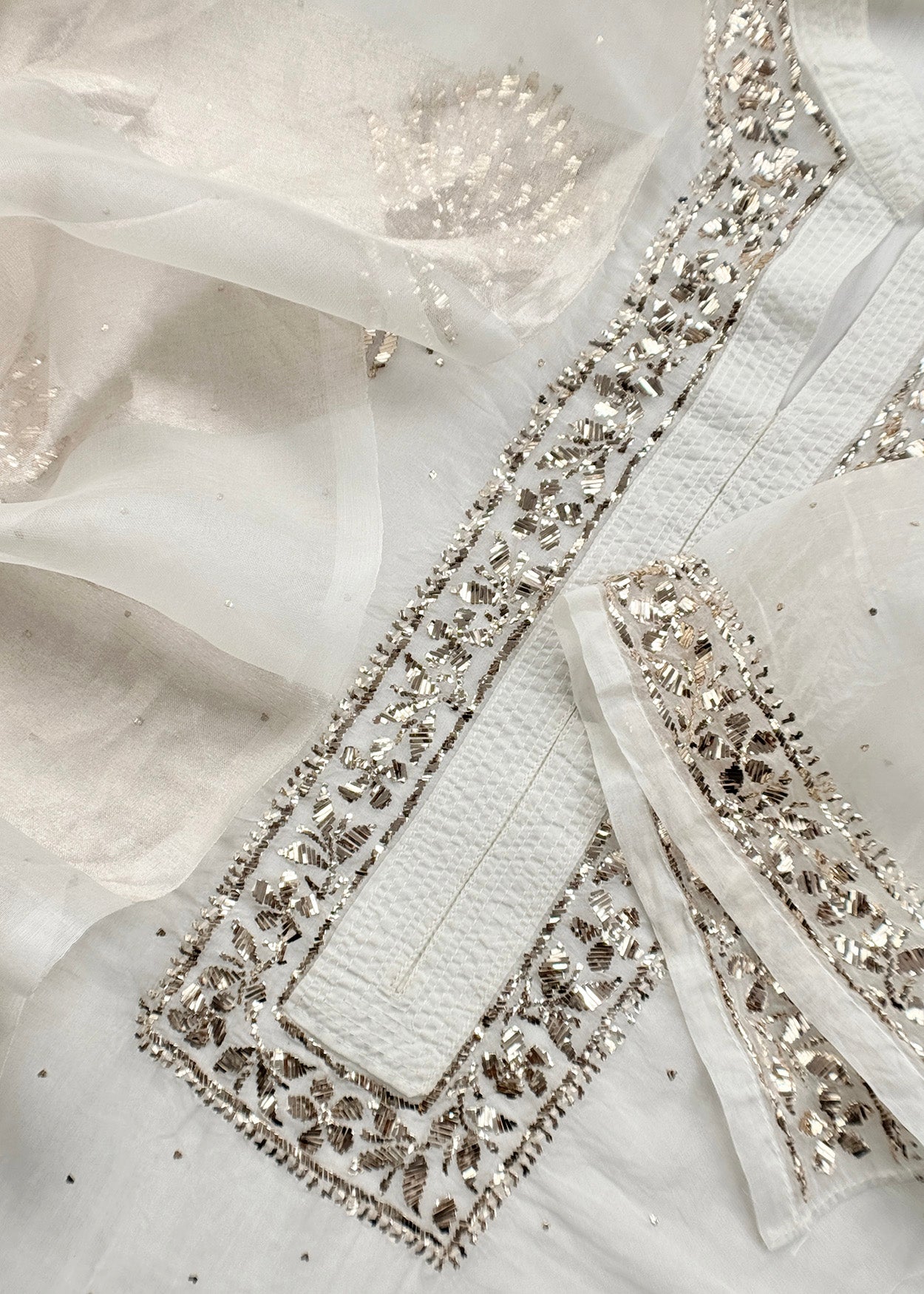White Mukaish Handwork Pure Kora Silk Suit With Tissue Zari Panel Dupatta