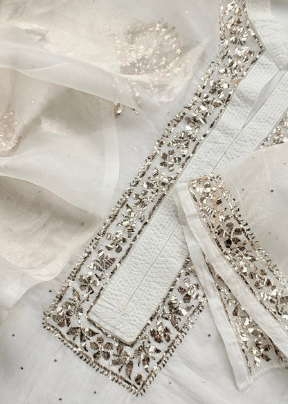 White Mukaish Handwork Pure Kora Silk Suit With Tissue Zari Panel Dupatta