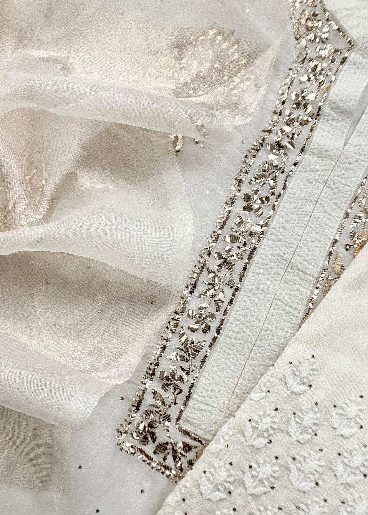 White Mukaish Handwork Pure Kora Silk Suit With Tissue Zari Panel Dupatta