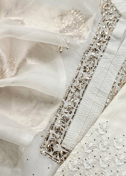 White Mukaish Handwork Pure Kora Silk Suit With Tissue Zari Panel Dupatta