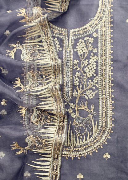 Luxe The Voilet Affair Pure Kora Silk Suit With Gold And Silver Pitta Handwork