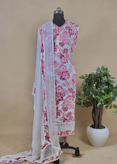 Pink Digital Print unstitched linen Cotton With Chiffon Dupatta