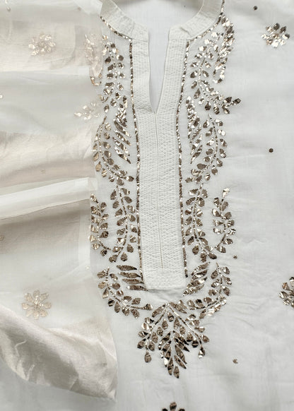 White Mukaish Handwork Pure Kora Silk Suit With Tissue Zari Panel Dupatta