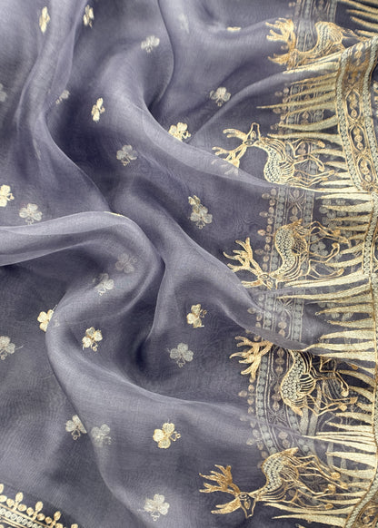 Luxe The Voilet Affair Pure Kora Silk Suit With Gold And Silver Pitta Handwork
