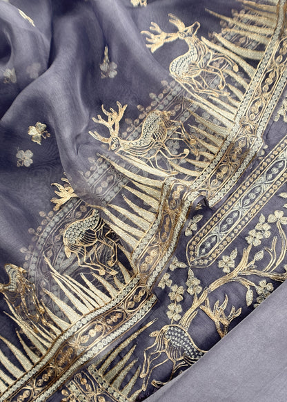 Luxe The Voilet Affair Pure Kora Silk Suit With Gold And Silver Pitta Handwork