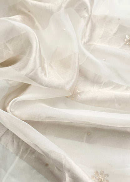 White Mukaish Handwork Pure Kora Silk Suit With Tissue Zari Panel Dupatta