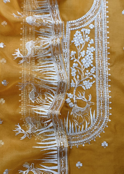 Luxe The Yellow Pure Kora Silk Suit With Gold And Silver Pitta Handwork