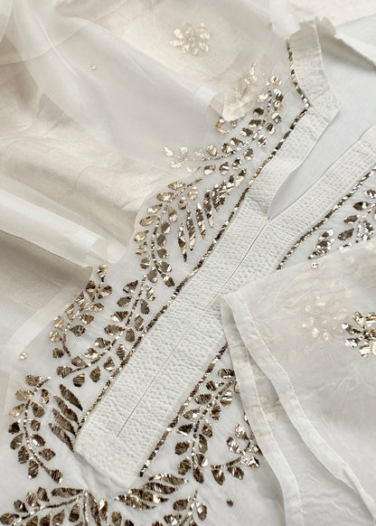 White Mukaish Handwork Pure Kora Silk Suit With Tissue Zari Panel Dupatta
