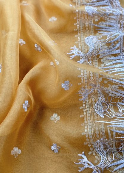 Luxe The Yellow Pure Kora Silk Suit With Gold And Silver Pitta Handwork