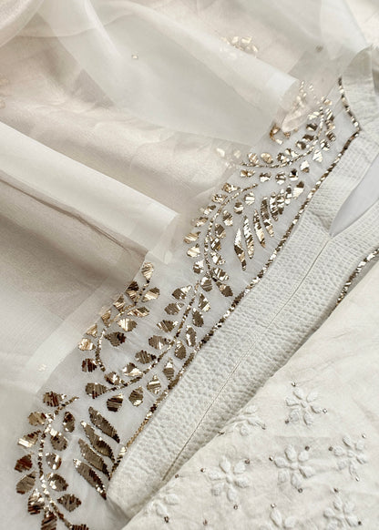 White Mukaish Handwork Pure Kora Silk Suit With Tissue Zari Panel Dupatta