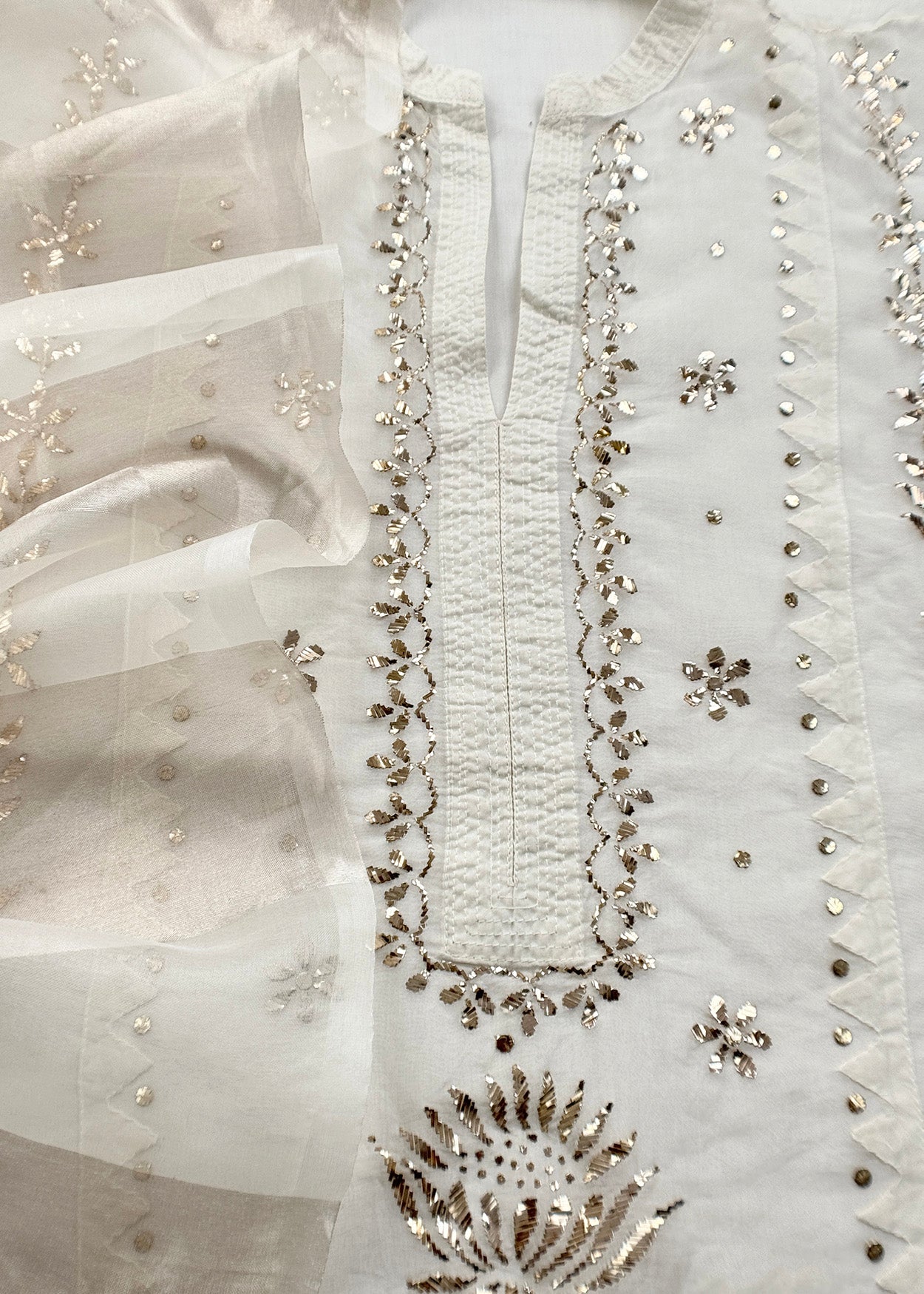 White Mukaish Handwork Pure Kora Silk Suit With Tissue Zari Panel Dupatta