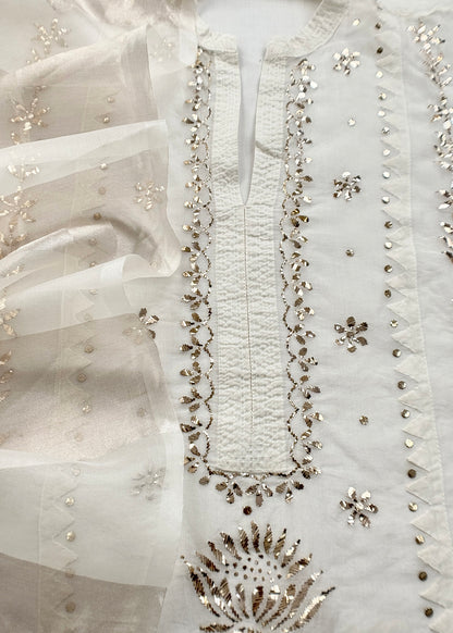 White Mukaish Handwork Pure Kora Silk Suit With Tissue Zari Panel Dupatta