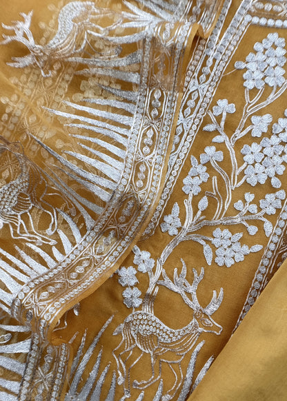Luxe The Yellow Pure Kora Silk Suit With Gold And Silver Pitta Handwork