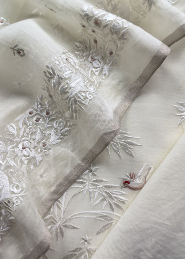 White Chidiya Embroidered Unstitched Suit In Pure Organza